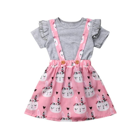 

Girls 2Pcs Clothes Sets Fly Sleeve Tops + Suspender Skirt Easter Outfits