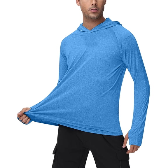 Fanxing Men's Sun Protection Hoodie with thumbholes UPF 50 UV Long Sleeve Shirt Men Rash Guard Performance Fishing Hiking Shirt Light Blue,S