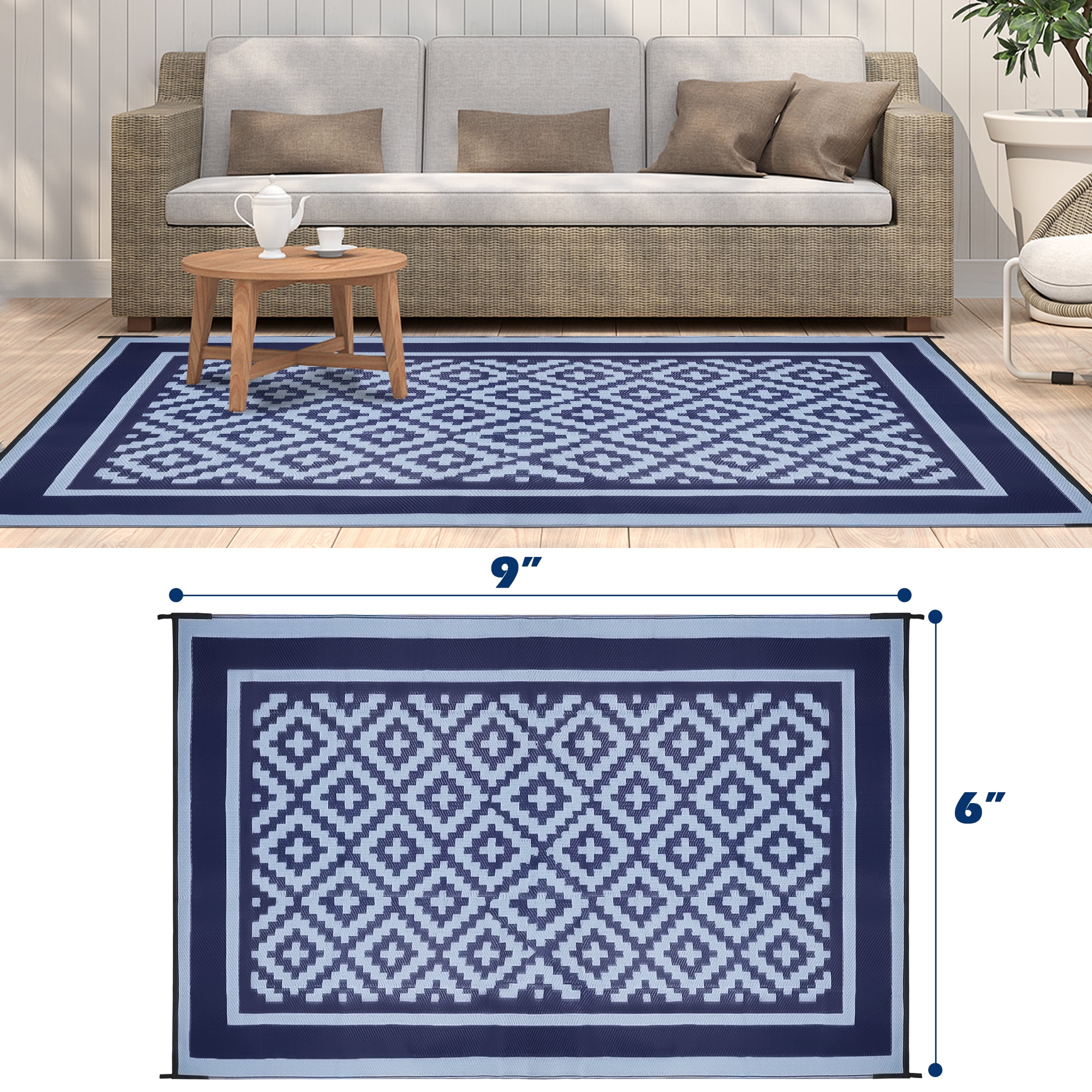 Kohree Outdoor Plastic Straw Rug 9'x12' ,Waterproof Mat with 4 Corner Loops Indoor Outdoor for RV, Camping, Deck ,Balcony (Blue & Light Blue)