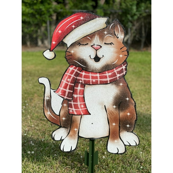 Brown Singing Kitty Red Hat Christmas Outdoor Decoration