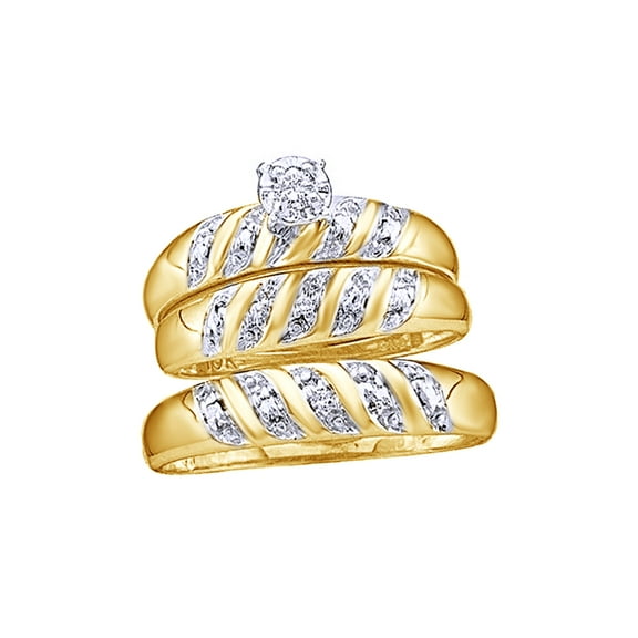 AFFY White Natural Diamond Accent Wedding & Engagement Trio Band Ring Set In 10k Yellow Gold (0.08 Cttw)