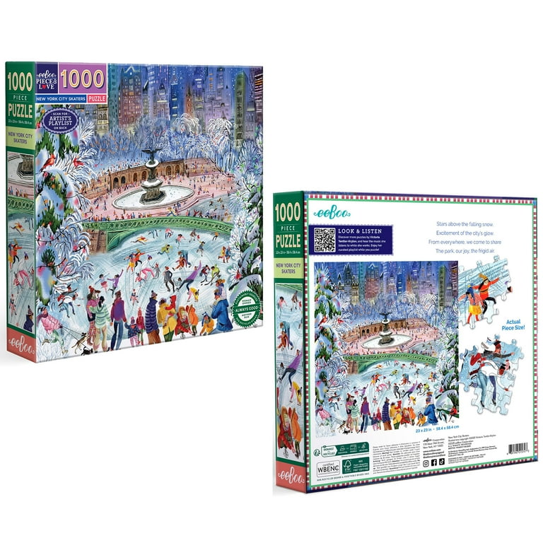 EeBoo Piece & Love New York City Skaters 1000 Piece Puzzle - Square Adult Jigsaw, Winter Central Park Scene By Victoria Tentler-Krylov