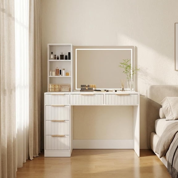 Vanity Desk with Mirror and Lights, Fluted Makeup Table with Charging Station, 6 Drawers, Side Shelves, 44.3 Inch Wide,White