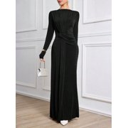 Black Womens Long Sleeve Ruched Knit Elegant Modest Maxi Dress