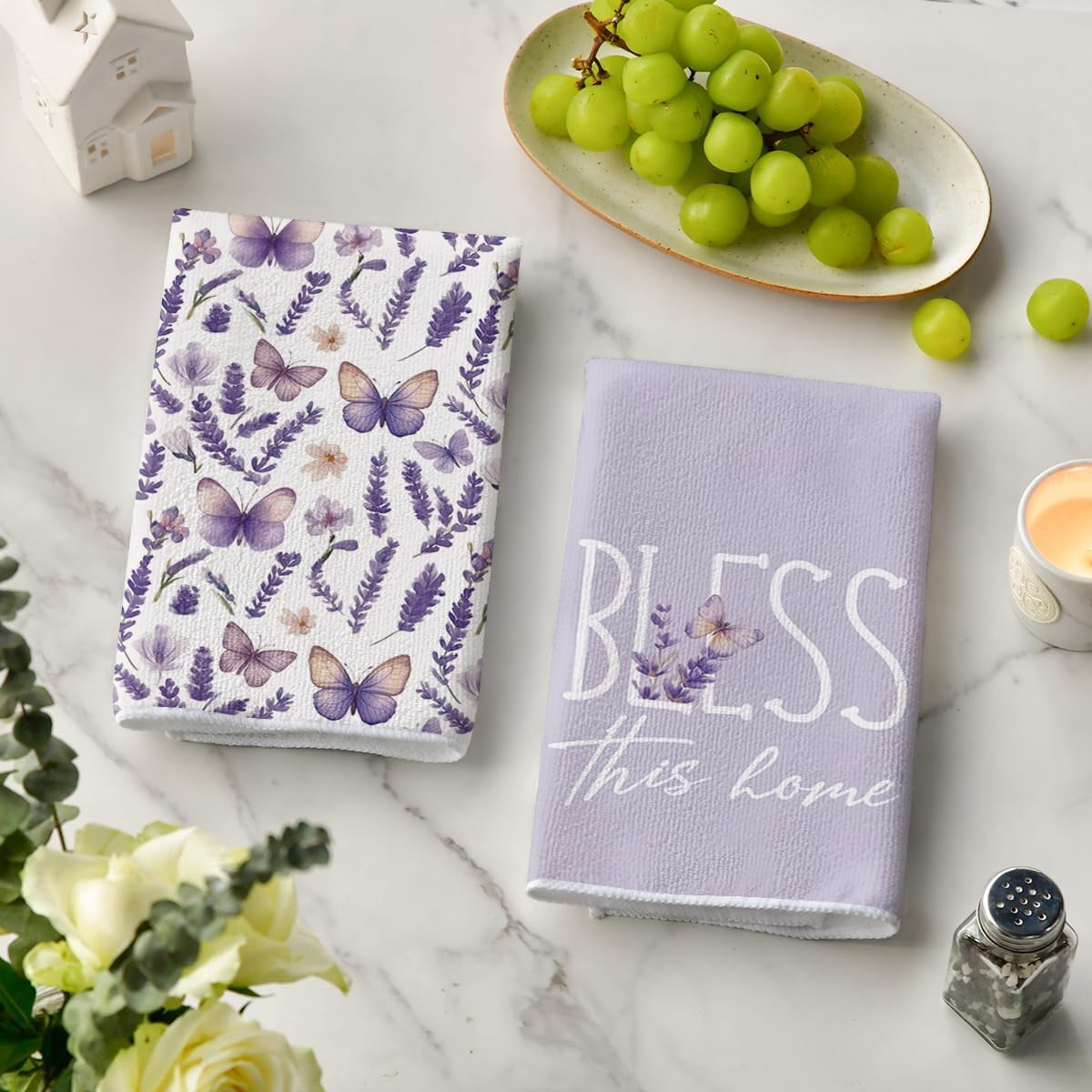 Butterfly Lavender Sweet Home Spring Kitchen Towels Dish Towels, 18x26 Inch Farmhouse Summer Decoration Cleaning Set of 4