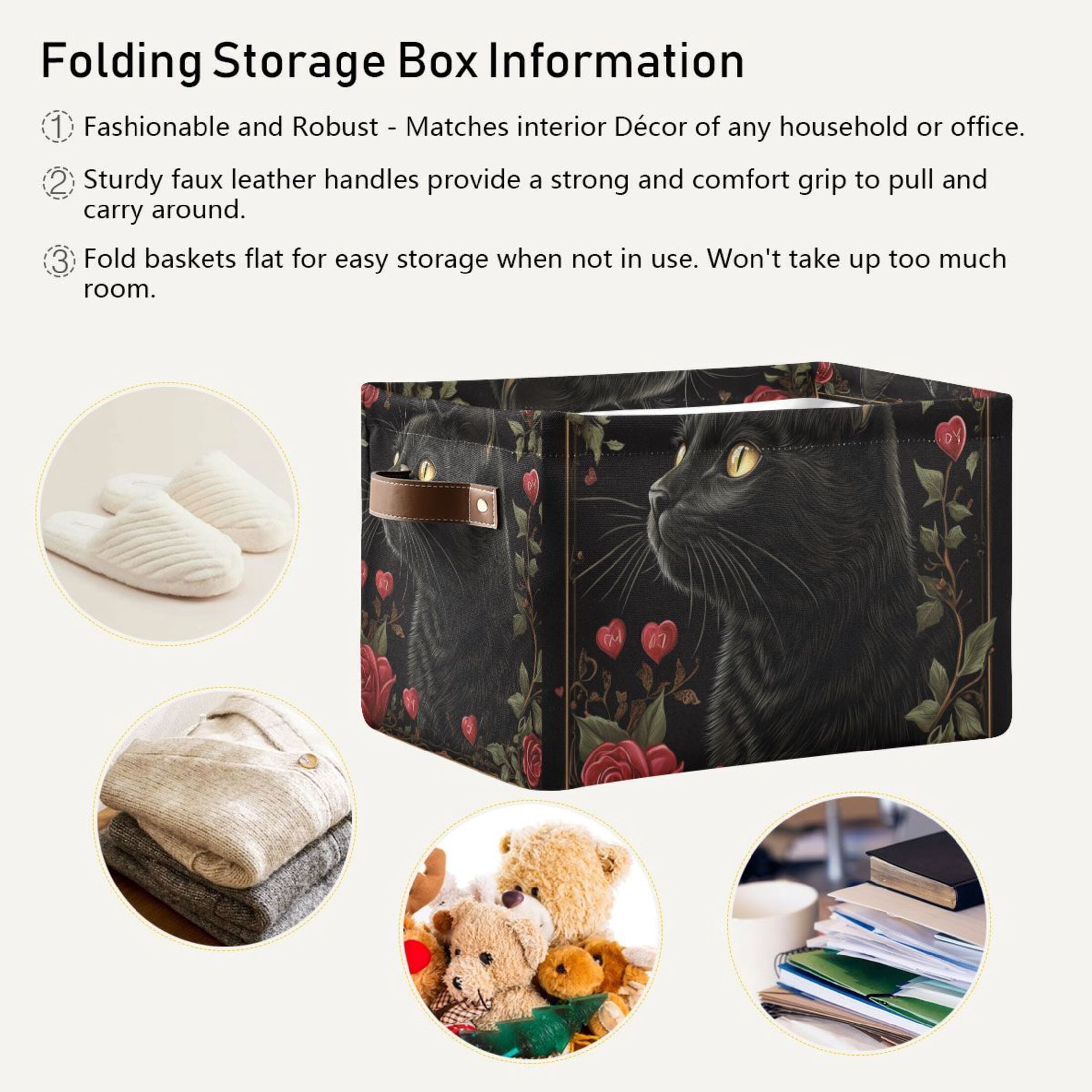 WOBOGO Red Rose Black Cat Pattern Square Storage Basket with Waterproof Canvas and PE Lining Durable PU Leather Handles 14.2×10.2×8.3in