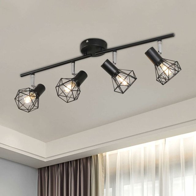 Luz de techo LED 4 Focos giratorios ajustables Industrial Retro Negro Jaula de metal Luz de techo, Focos de techo Luminaria de suspensión Foco LED para cocina Pasillo Sala de estar Dormitorio Decora