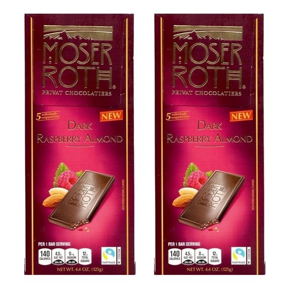 Dark Chocolate Raspberry Almond Privat German Chocolatiers, Individually Wrapped Dark Chocolate Squares, Moser Roth 4.4oz /125g – Pack of 2