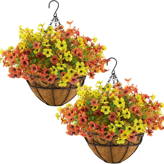 CandWuom 28 Pcs Artficial Outdoor Flowers with Hanging Baskets, Orange Fall mums 2 Pack Hanging Planter for Autumn Porch Garden and Home Patio Yard Decor
