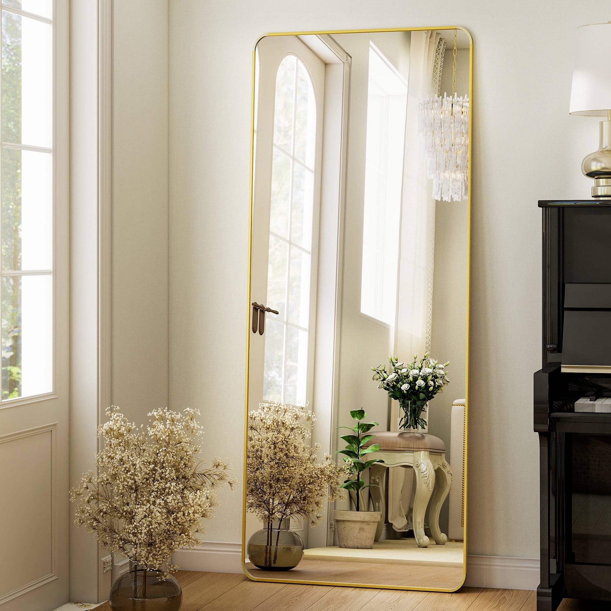 Puremirror 65"x24" Rounded Corner Floor Mirror Full Length Mirror with Metal Frame, Gold