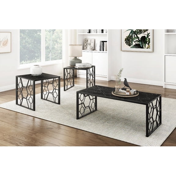 Modern 3-Piece Occasional Table Set with Black Metal Base and Marble-Print Glass Top