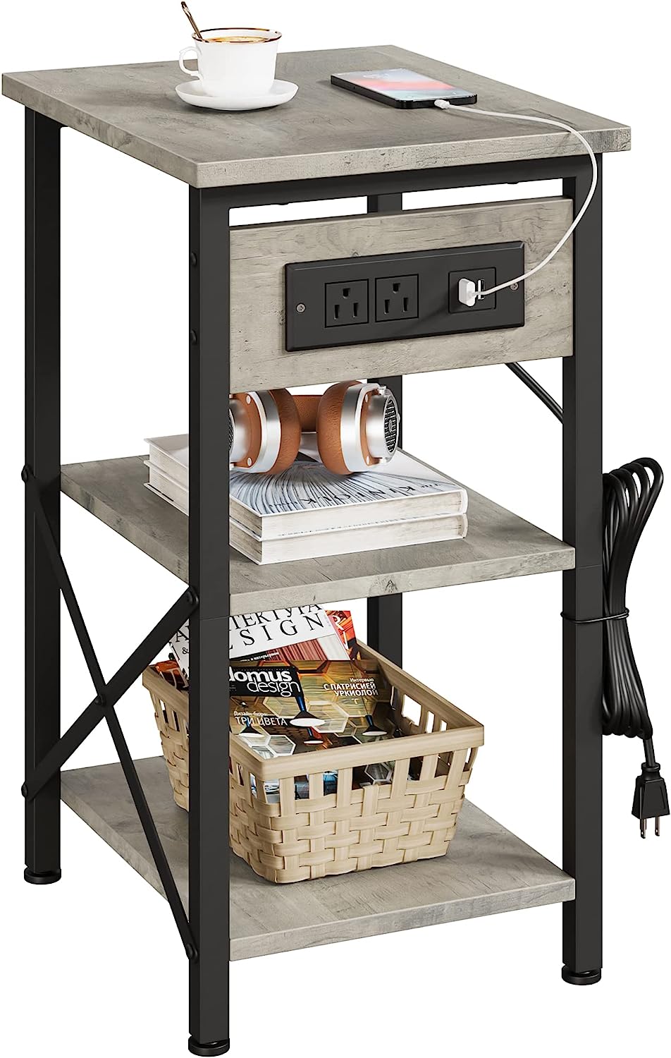 Side Table with Charging Station, 3Tier Grey End Table with USB Ports