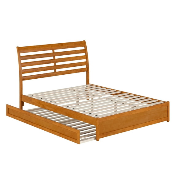Emelie Queen Wood Platform Bed w Panel Footboard & TXL Trundle in Light Toffee