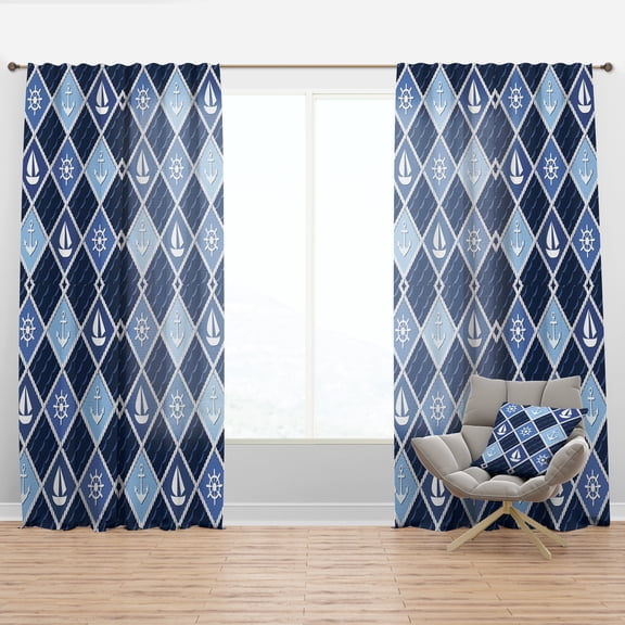 Designart 'Sailboat and Anchor On Blue Waves' Coastal Curtain Panel