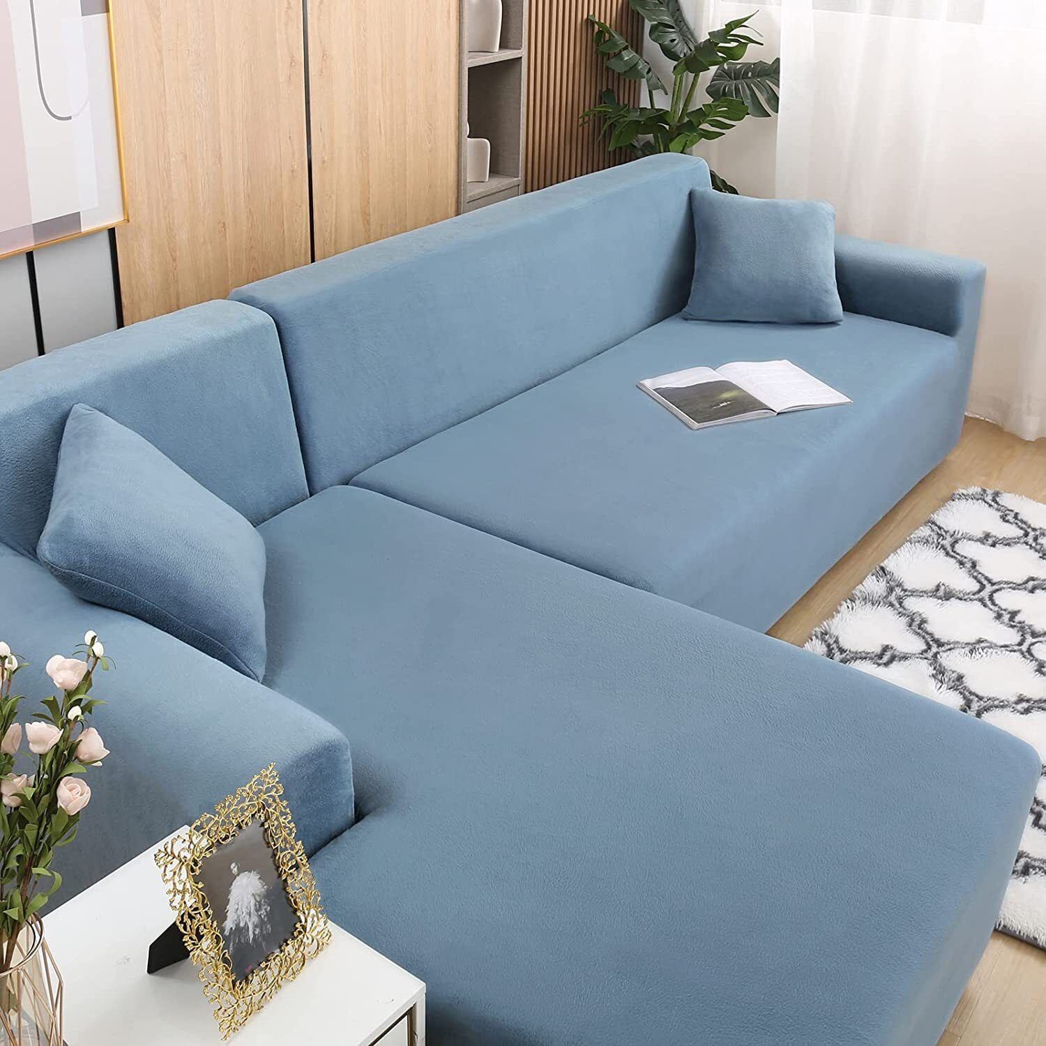 JIAN YA NA Sectional Sofa Slipcovers L Shape Couch Cover,2Pcs Thick Velvet Stretch Anti-Slip Couch Covers for 3 + 3 Seaters Chaise, Furniture Protector Slip Cover for Living Room Dogs  (Gray Blue)
