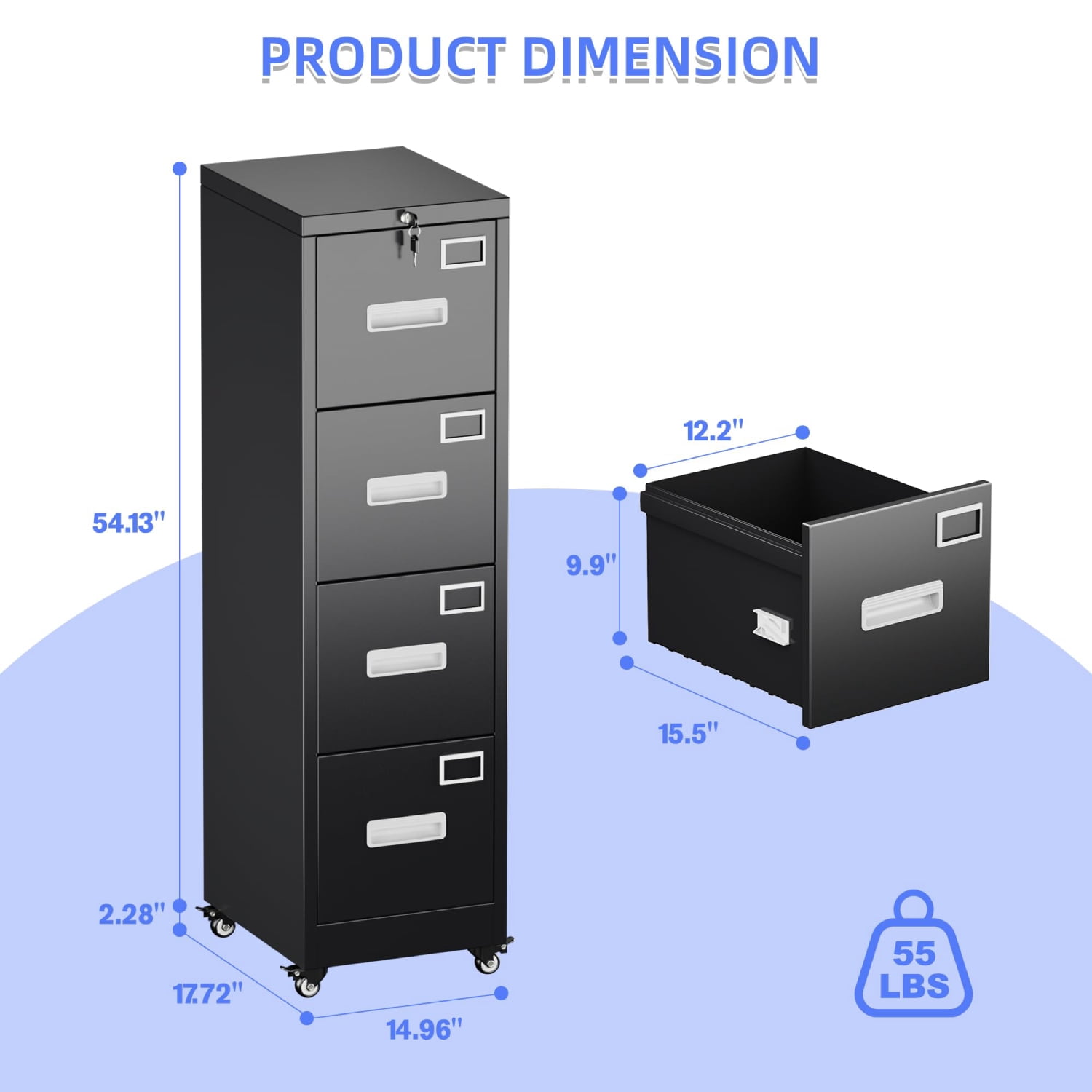 4 Drawer Vertical File Cabinet on Wheels, Lockable Office Storage with Handle & Name Card Slots, Mobile Cabinet for Office & Home, Black
