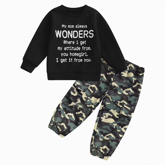 Xudanell Toddler Kids Baby Boy Fall Clothes 2T 3T 4T 5T 6T Letter Print Long Sleeve Tops Camouflage Pants Winter Outfits (Dark Green, 2-3 Years)