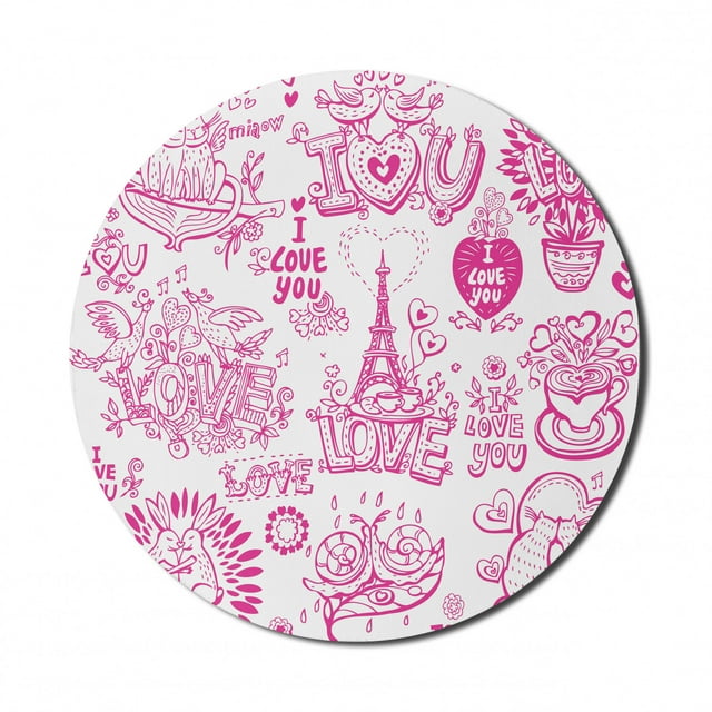 Love Mouse Pad for Computers, I Love You Valenties Design Hugging Touching Singing Hearts Coffee Expressing Affection, Round Non-Slip Thick Rubber Modern Gaming Mousepad, 8" Round, Pink, by Ambesonne