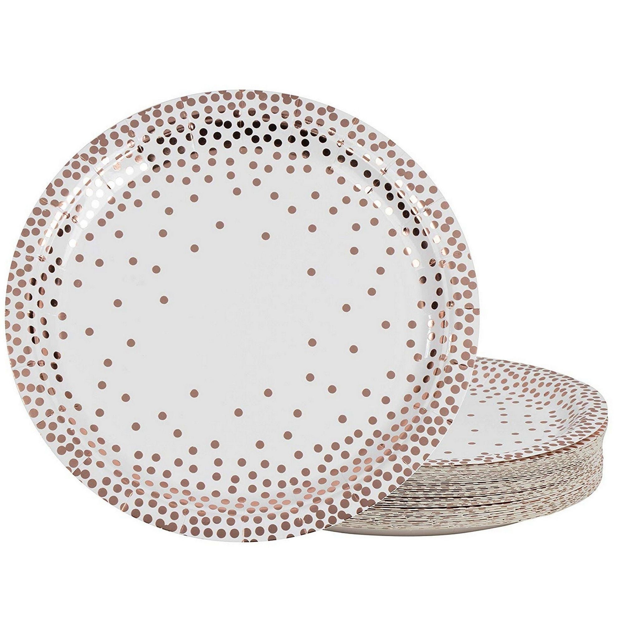 48Count Rose Gold Party Paper Plates 9", Metallic Rose Gold Foil Polka