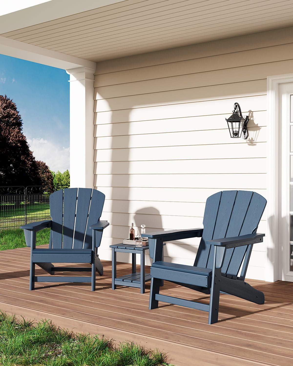 Outdoor Adirondack Chairs, HDPE Plastic Patio Chairs for All Weather, Weather-Resistant Fire Pit Chair with Wide Armrests & Slatted Back, for Patio, Deck, Lawn, Navy Blue