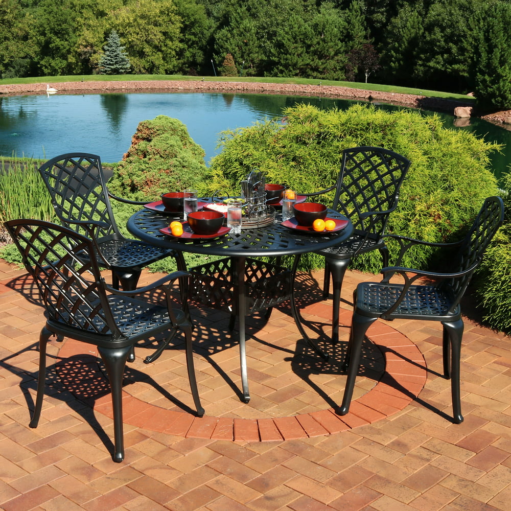 Sunnydaze Outdoor Patio Furniture Dining Set, 4 Metal Chairs and Round