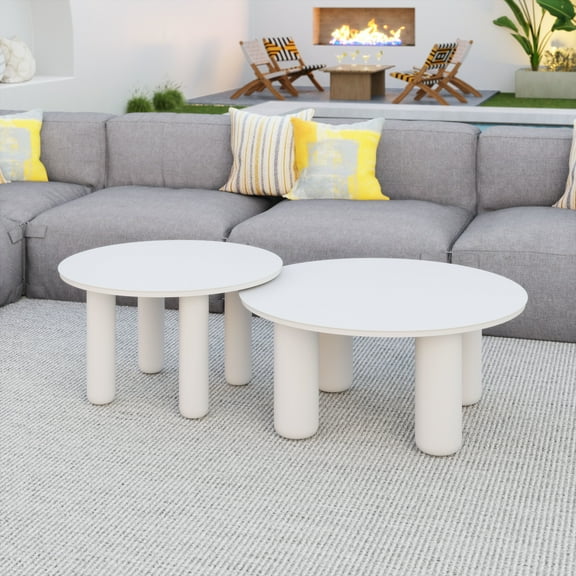 Ola Coffee Table Set (2-Piece) White Coffee Table, Modern Style, Powder Coated Aluminum round shape tabletop, Aluminum, Outdoor Living