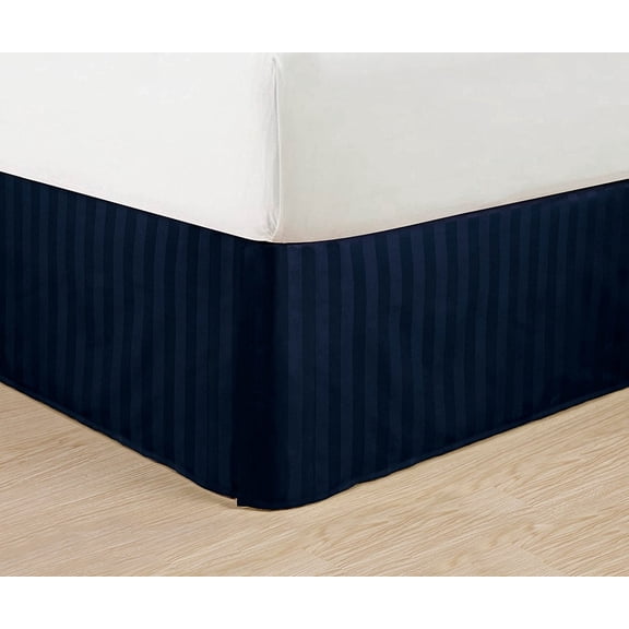Wrinkle Free - STRIPE Bed Skirt - Pleated Tailored 14" Drop - All Sizes and Colors , Full , Navy Blue