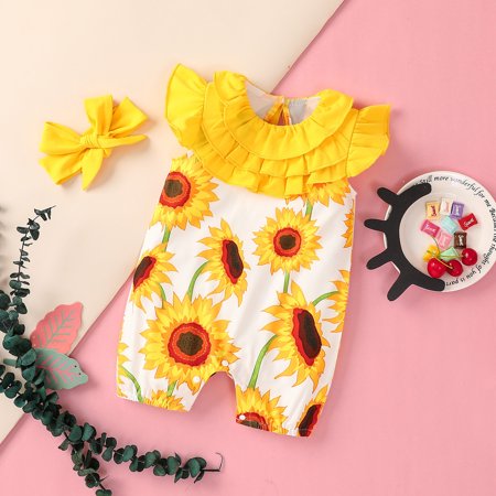 

Ruffled Jumpsuit+Headbands Baby Girls Romper Flowers Floral Summer Girls Romper&Jumpsuit Yellow 70