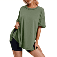 thumbnail image 2 of Camiseta Holgada de Algodón de Color Liso con Cuello Redondo y Aberturas Laterales, Color Verde Oscuro, Talla L, 2 of 6