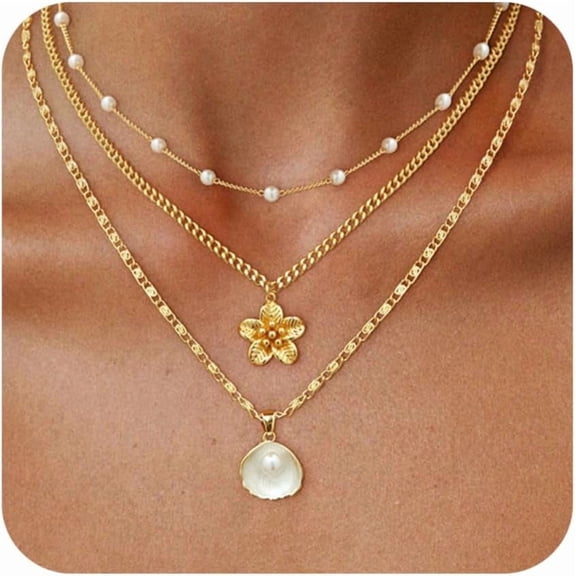 Seashell Necklace for Women, 14K Gold Plated Stacked Charm Necklaces, Layered Dainty Summer Beach Shell Pearl Choker Cute Necklaces Set Jewelry Gift for Women