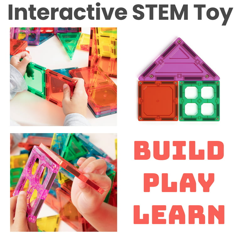 Playmags Magnetic Tile Building Set: Exclusive Educational Clickins 36-Pc.  Kit: 18 Super Strong Clear Color Magnet Tiles Windows & 18 Letters 