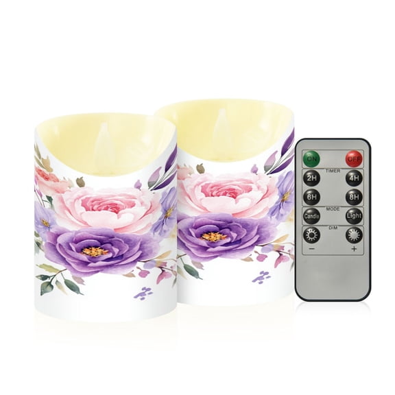 2 PCS Tilted Flameless Candles Flickering LED Lights Battery Operated Candles with Remote Timers for Holiday Decor Purple and Pink Roses