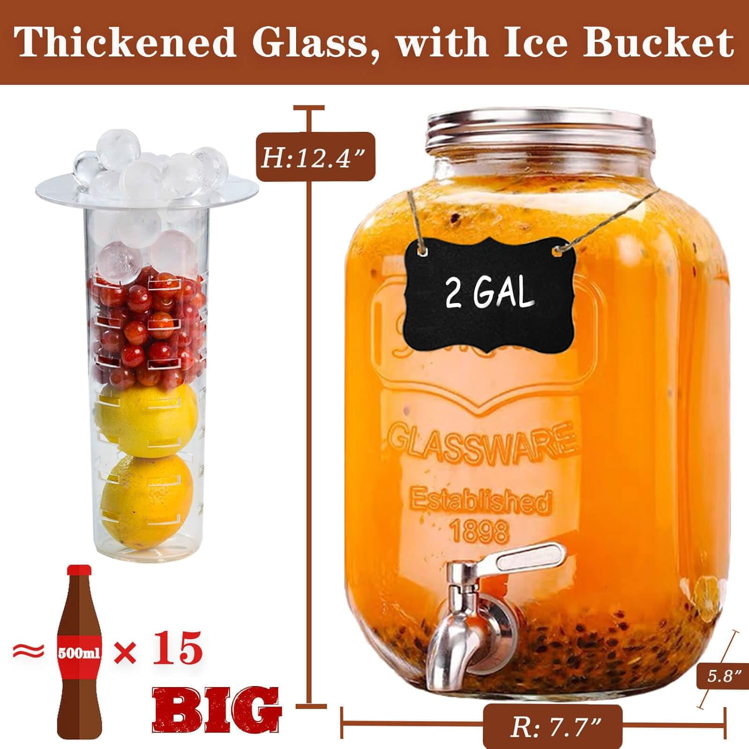 2 Gallon Glass Beverage Dispenser with Spigot，Drink Dispensers for Parties Sun Tea，Homemade Juice，Lemonade