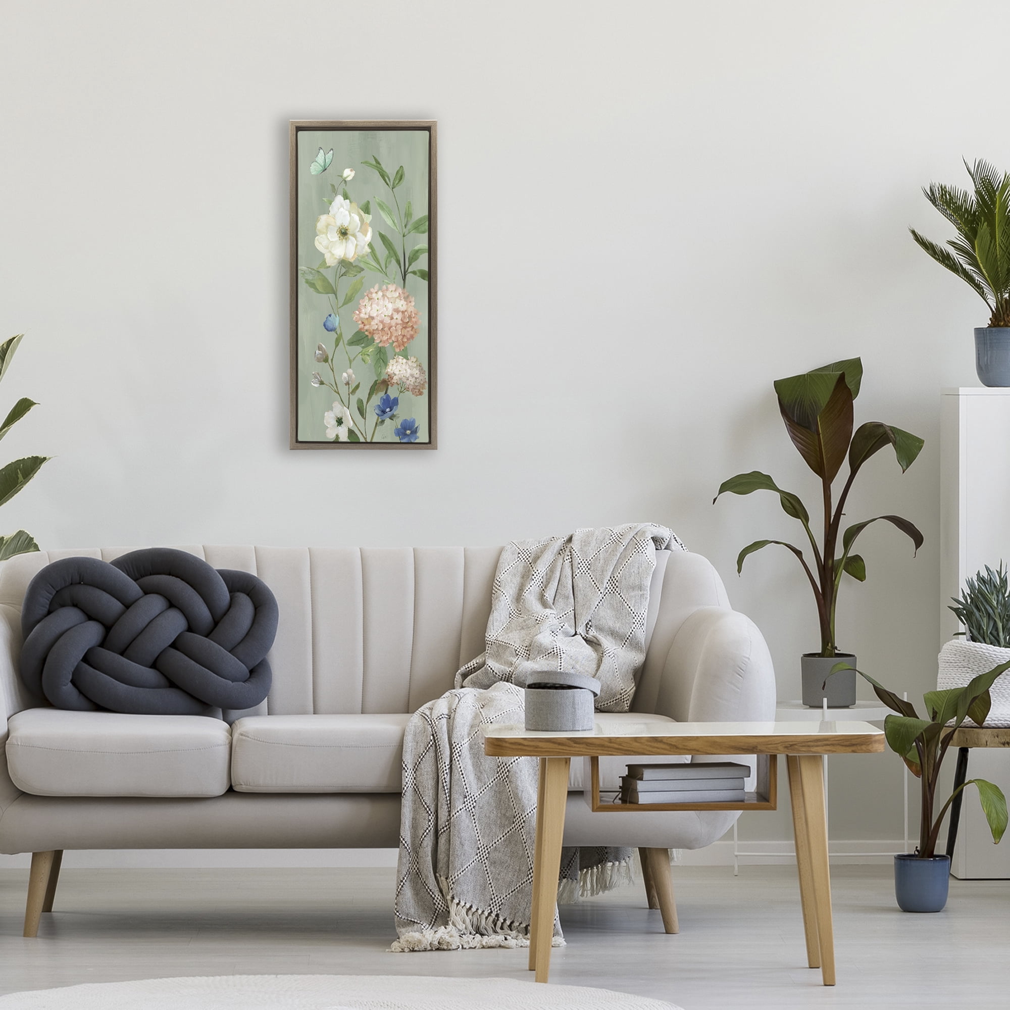 Stupell Industries Mint Floral Cluster & Butterfly Brown Framed Floater Canvas Wall Art, design by Nan