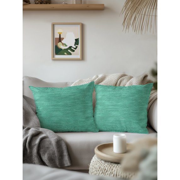 Outdoor Pillows Waterproof, Teal Solid Color Bedding Throw Pillows with Insert for Couch Sofa Bed, Minimalist Vintage Linen Texture Modern 16x16 Inch Pillowcases Decorative Patio Pillow Set of 2