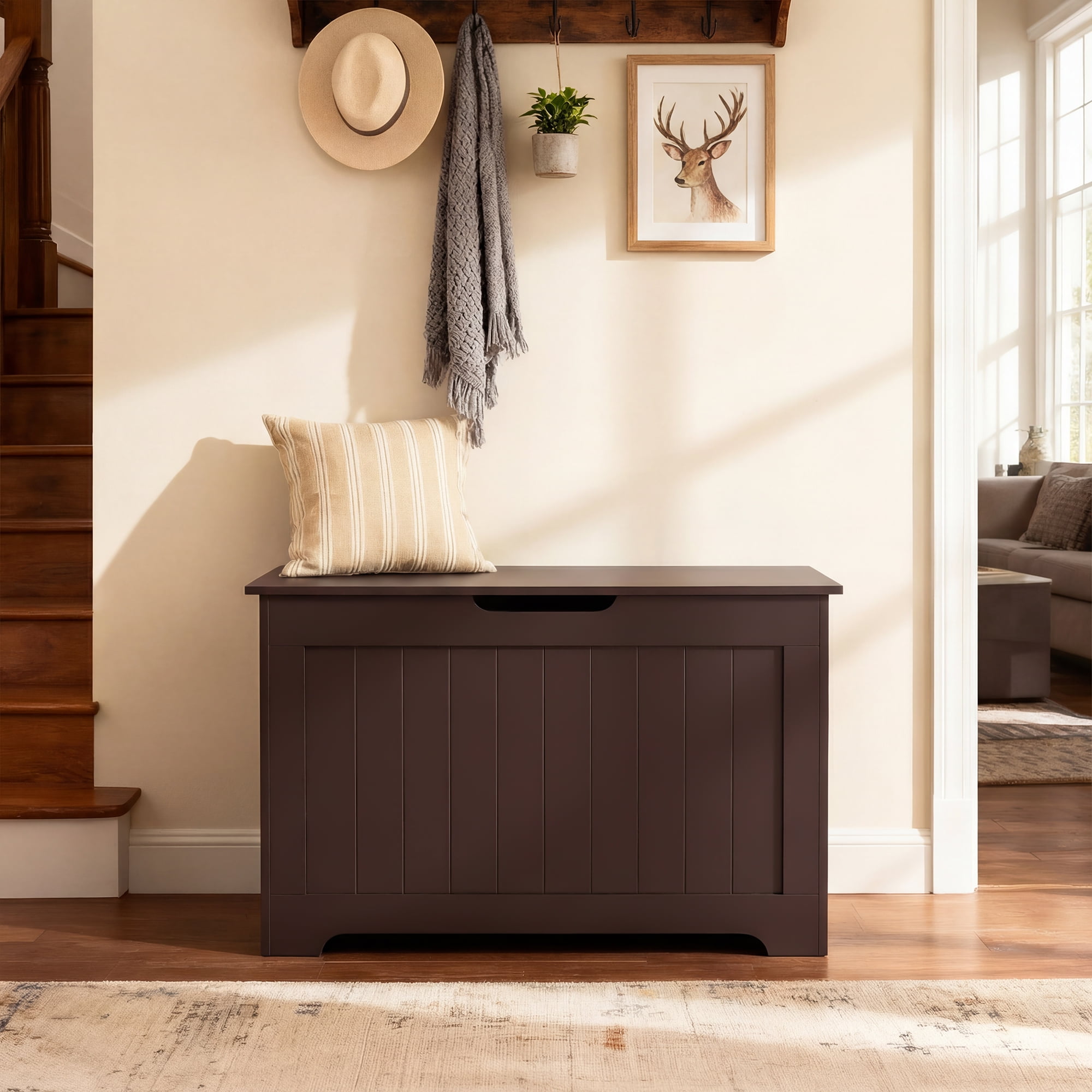 SuperDeal 30-Inch Lift Top Storage Chest Wooden Home Organizer Bench with Safety Hinged Lid Large MDF Toy Box Entryway Bedroom Living Room, Brown