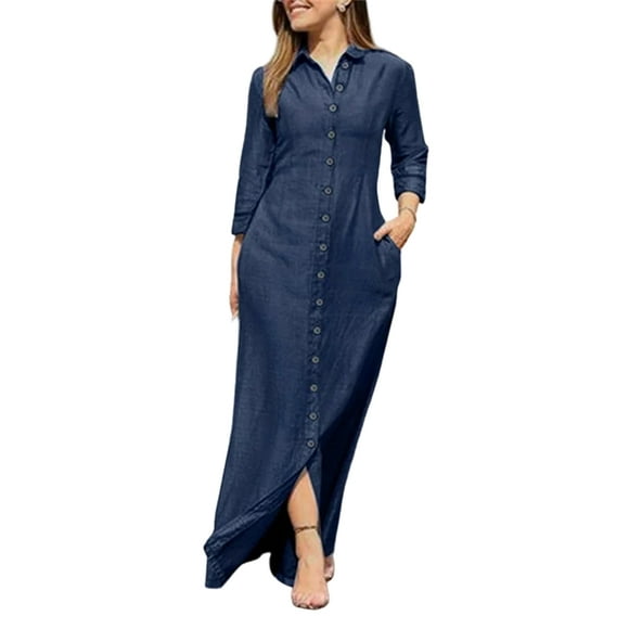 Plus Size Denim Dress, Chambray Shirt Style with Button Front & Side Pockets, Relaxed Fit Maxi Dress for Weekend Wear & Casual Friday Navy 2XL