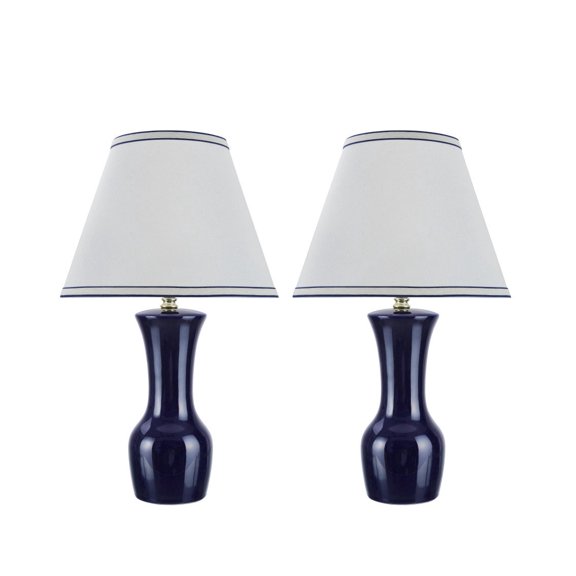 Aspen Creative 40066-1, Two Pack Set, 20" High, Traditional Ceramic Table Lamp, Dark Blue with Hardback Empire Shaped Lamp Shade in Off-White, 12 1/2" Wide