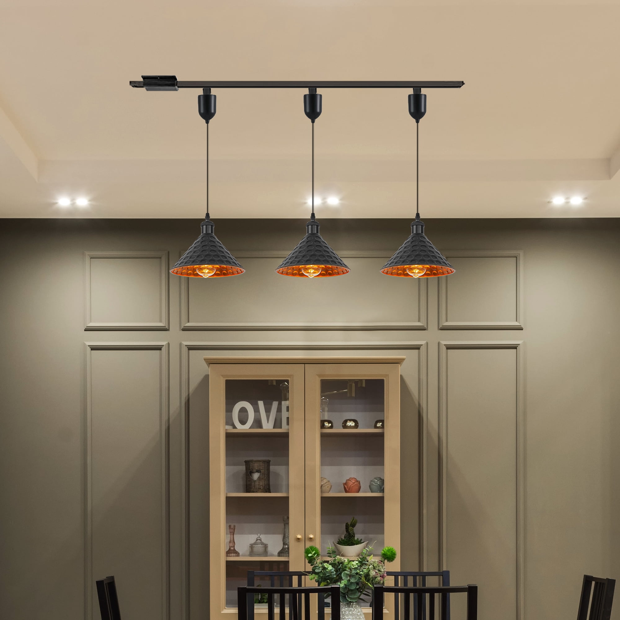 Kiven H-Type Track Lighting, 3-Light Modern Halo Track Pendant Light with Built-in Cable Wrapper, H Track Light Pedant Adjustable Length for Kitchen Shop,Black Finish, Gold Innner