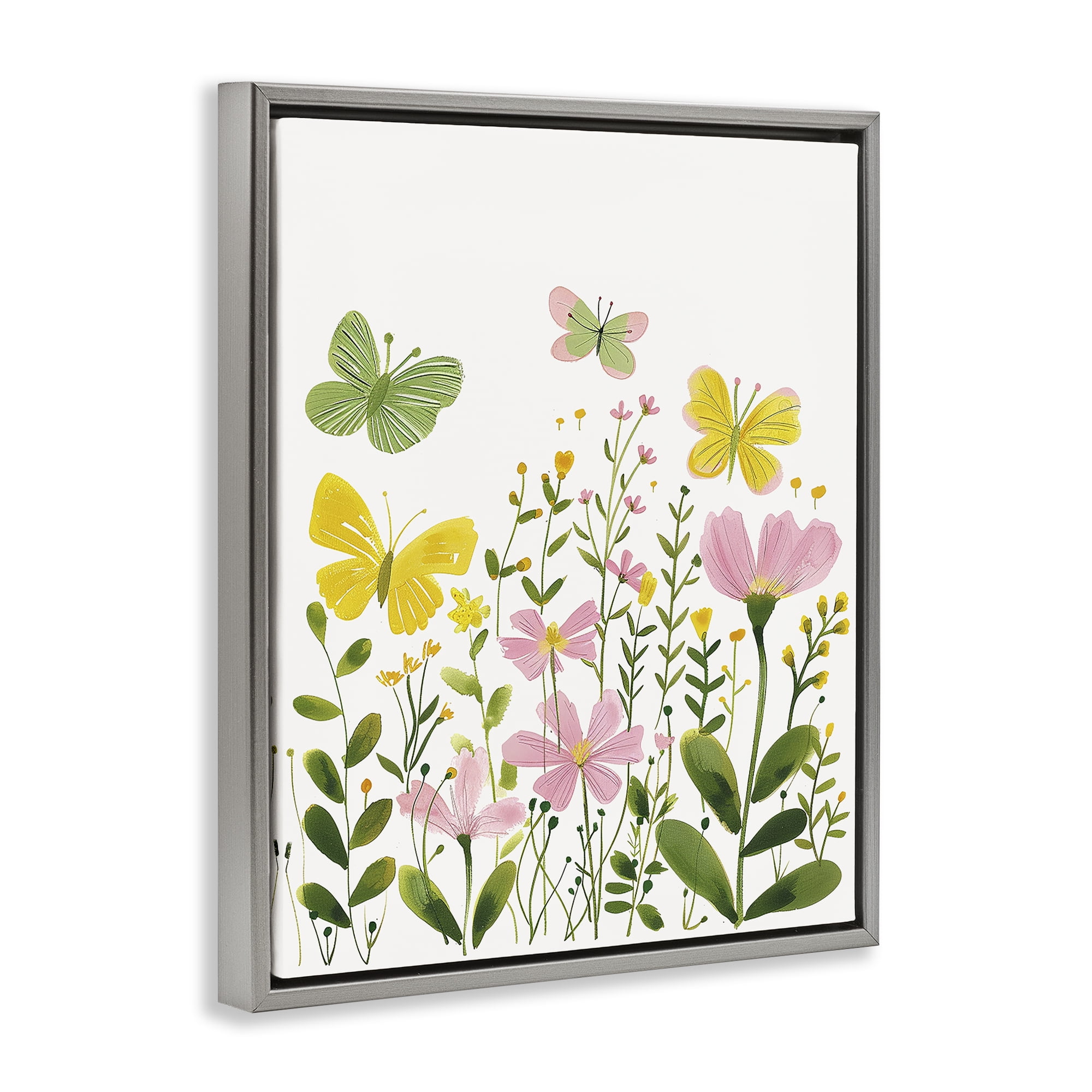 Stupell Industries Whimsical Garden Butterflies Plants & Flowers Painting Gray Floater Framed Canvas Art Print Wall Art, 25 x 31