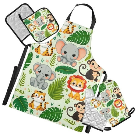 5 Pcs Kitchen Set Heat Resistant Oven Mitts and Non-Slip Pot Holders with Adjustable Cooking Apron Cute Lion Tiger Monkey Elephants