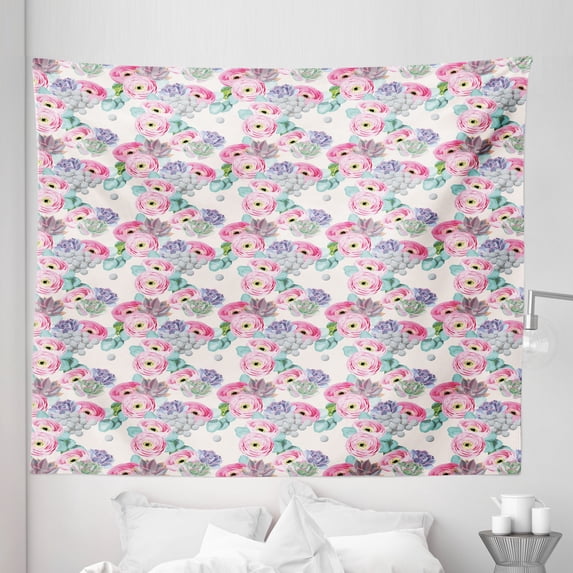 Floral Tapestry, Exotic Flower Bouquet with Rose Petals Echeveria Blossom Summer Succulent, Fabric Wall Hanging Decor for Bedroom Living Room Dorm, 5 Sizes, Pink Lilac Mint Green, by Ambesonne