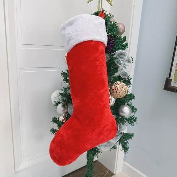 Traditional 22inch Plush Red Christmas Stockings,Deluxe Vintage Red White Christmas Stockings Hanging Ornaments Candy Gift Bags for Xmas Fireplace Holiday Decorations