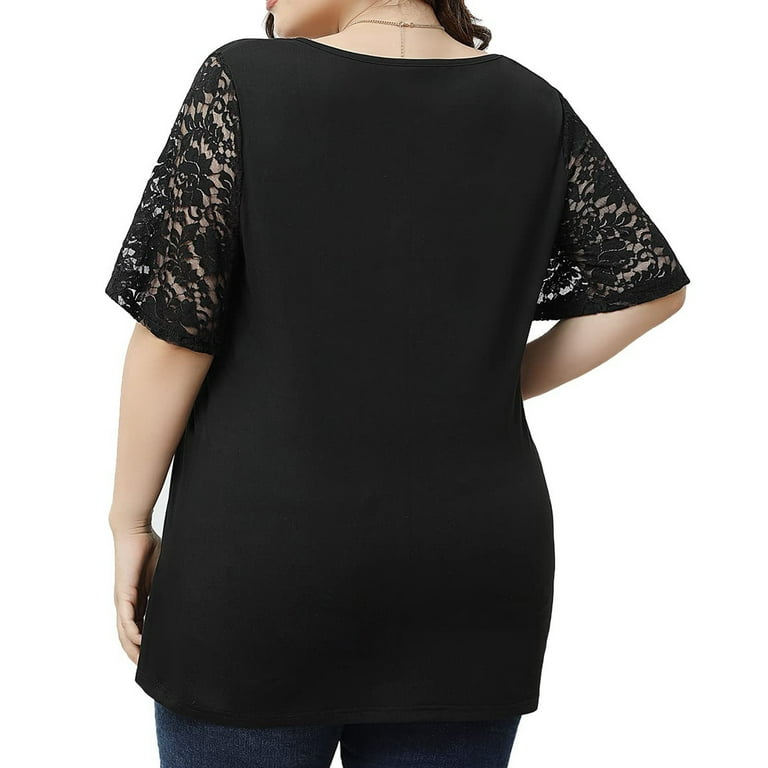 JDEFEG X for Women Solid Plus Size Tops Lace Stitching Short