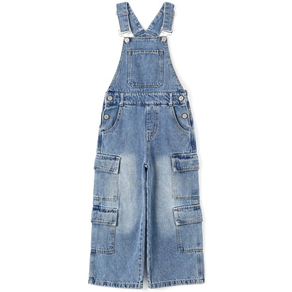 KIDSCOOL SPACE Girls’ Denim Cargo Overalls, Wide Leg Jean Dungarees,Blue,7-8 Years