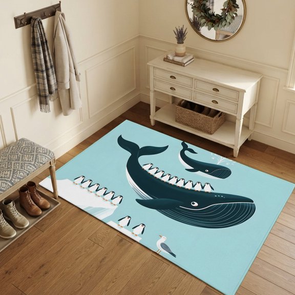 Area Rugs 3'x5', Coastal Whale Penguin Carpet Runner Indoor Outdoor Rugs Home Decor Aesthetic, Ocean Nautical Marine Lifes Non Slip Mats Washable Accent Rug for Living Room Bedroom