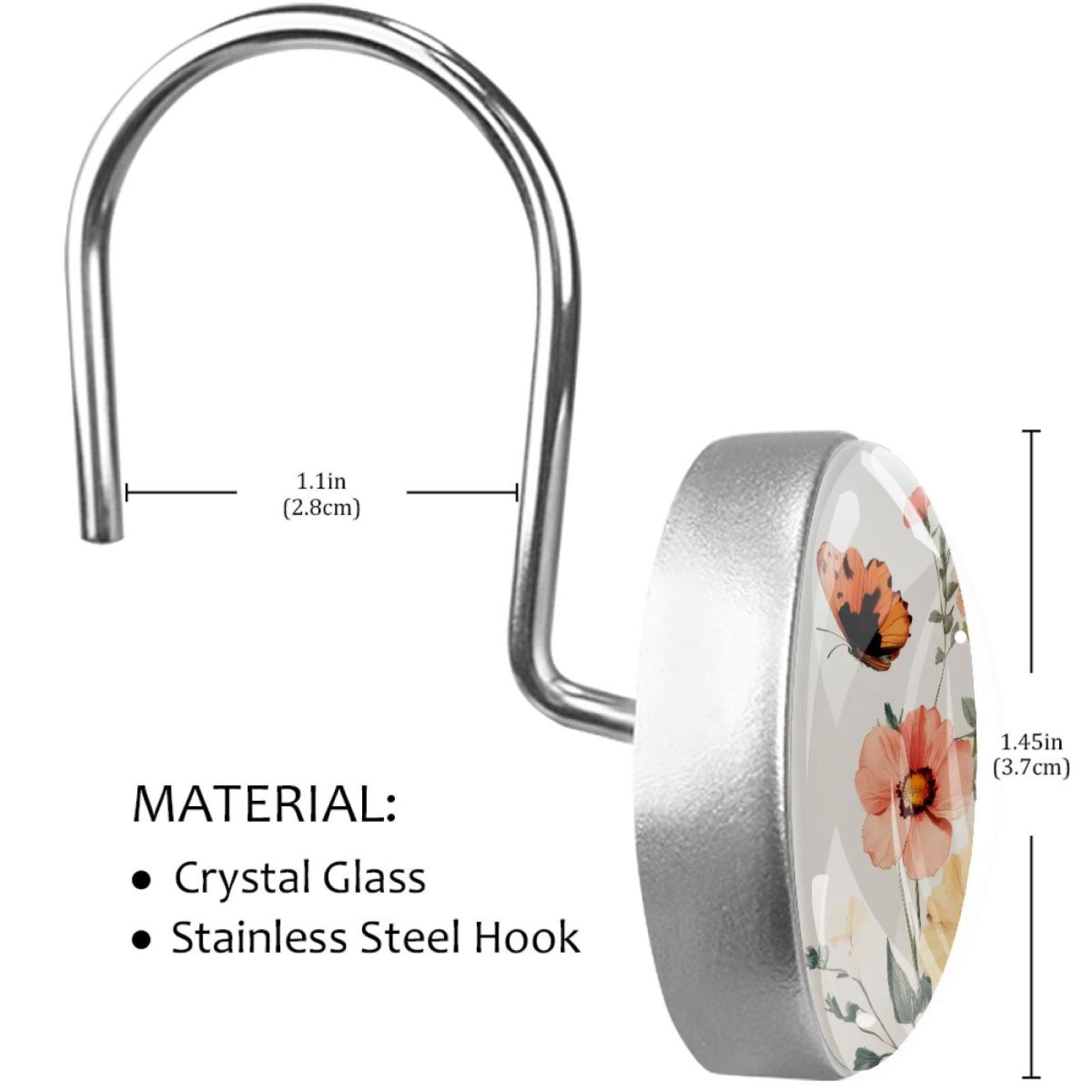 Butterfly Poppies Flowers Shower Curtain Hooks Round Crystal Glass, Set of 12 Shower Curtain Rings - Shower Hooks for Curtain Shower Rings