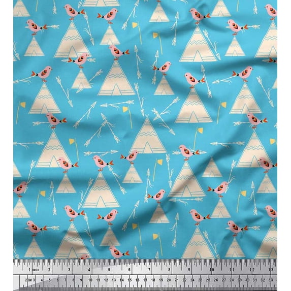 Soimoi Japan Crepe Satin Fabric Bird,Arrow & Tent African Print Fabric by The Yard 42 Inch Wide