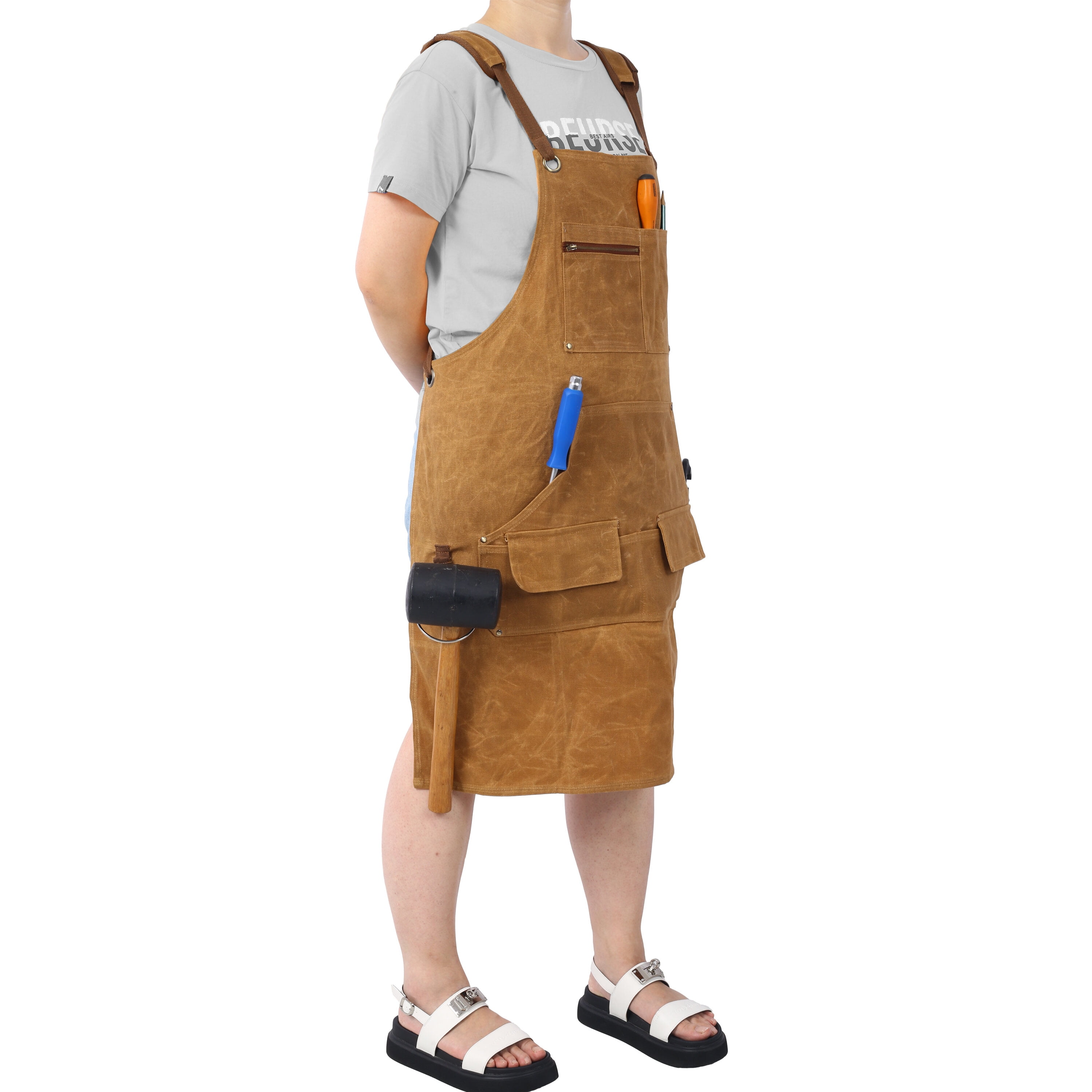 , Long Heavy Duty Waxed Canvas Tool Apron, Carpenter Aprons, Woodworking Aprons, Carpenters Water-Resistant 18 Oz ,Fully Adjustable to Comfortably Fit Men and Women, Brown ,Canvas ,
