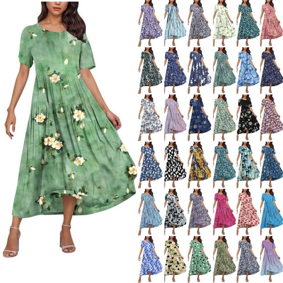 Horkkom Floral Dress for Women Crew Neck Short Sleeve Shirt Dresses Summer Maxi Pleated Dress with Pockets Green L
